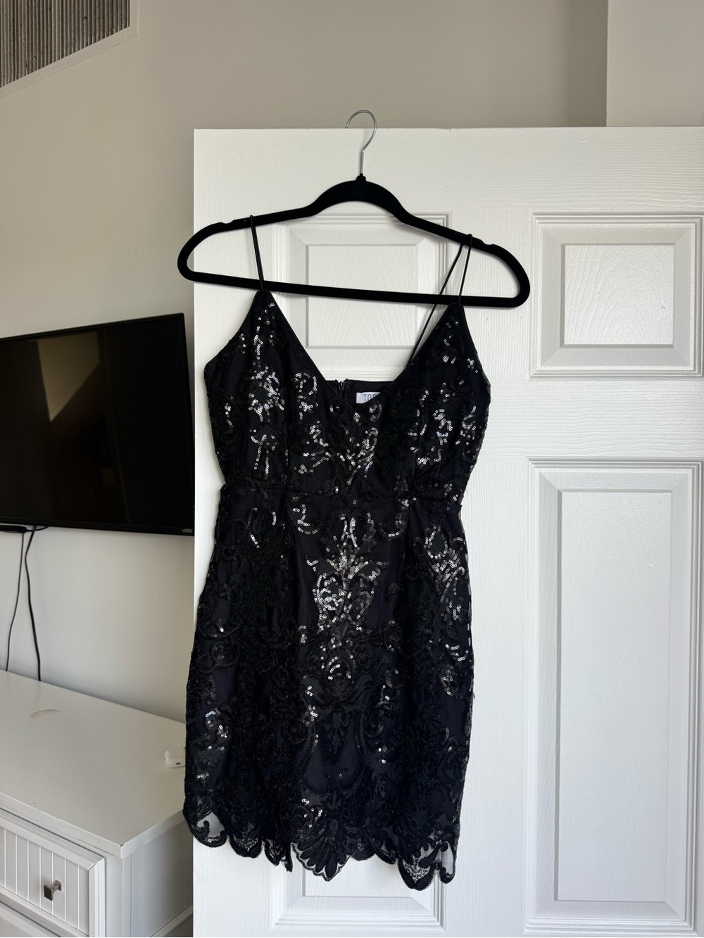 Tobi Black Sequin Lace Spaghetti Strap Mini Dress